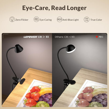 LEPOWER Clip on Light, 7W Reading Lights for Books in Bed with 5 Colors & Stepless Dimming, RG0 Eye-Care, Amber Glow Light & Auto Timer, Strong Clamp with Adapter for Headboard, Bedside, Desk, Black