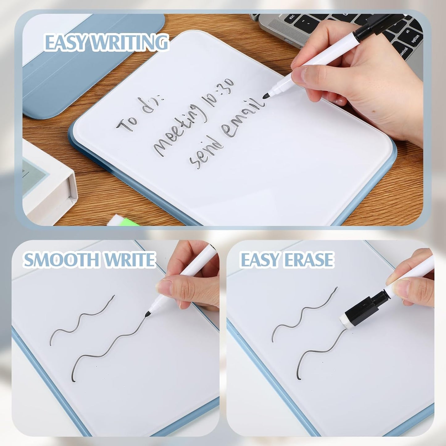 Dunzoom 4 Pcs Small Glass Desktop Whiteboard with Reversible Stand 8‘' x 6‘' Tabletop Mini Dry Erase Whiteboard Easel with 4 Markers Reusable Desk Notepad for Home Office School (Blue)
