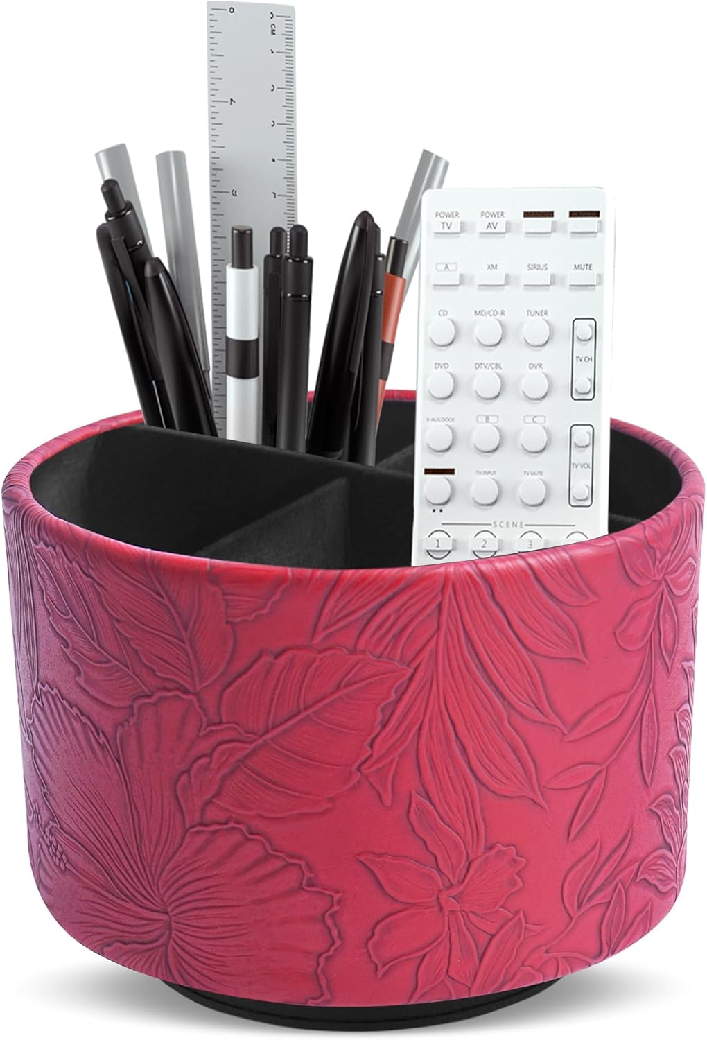 Round Leather Art Supply Organizer,Remote Control Holder,360 Degree Rotating,Multi-Functional Pencil Holder,4 Compartments Desktop Stationary Organizer(1-Fractal Flower) | Round - Colors C