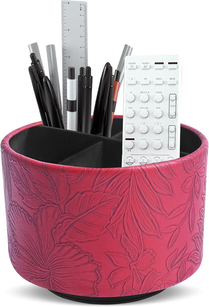 Round Leather Art Supply Organizer,Remote Control Holder,360 Degree Rotating,Multi-Functional Pencil Holder,4 Compartments Desktop Stationary Organizer(1-Fractal Flower) | Round - Colors C