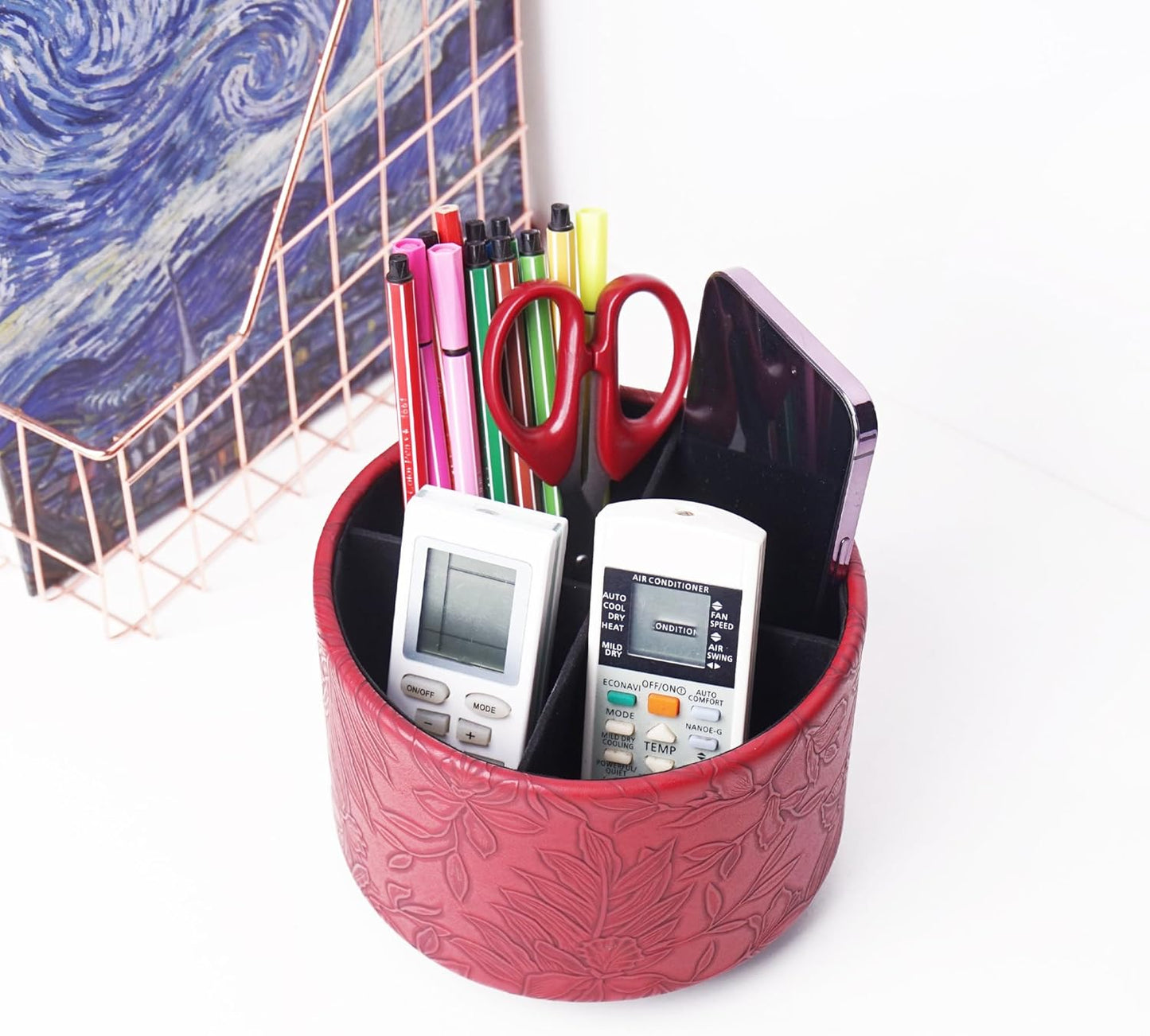 Round Leather Art Supply Organizer,Remote Control Holder,360 Degree Rotating,Multi-Functional Pencil Holder,4 Compartments Desktop Stationary Organizer(1-Fractal Flower) | Round - Colors C
