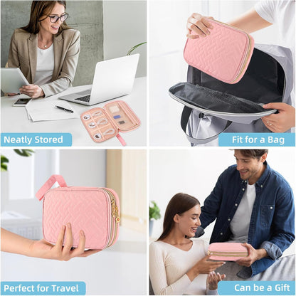 Electronics Organizer Travel Case, Charger Bag Cord Organizer Travel, Compact Tech Pouch Cable Organizer Bag for Charger, Cords, Phone, Headphones, Flash Drive, SD Card (Pink, Small-Double Layer)