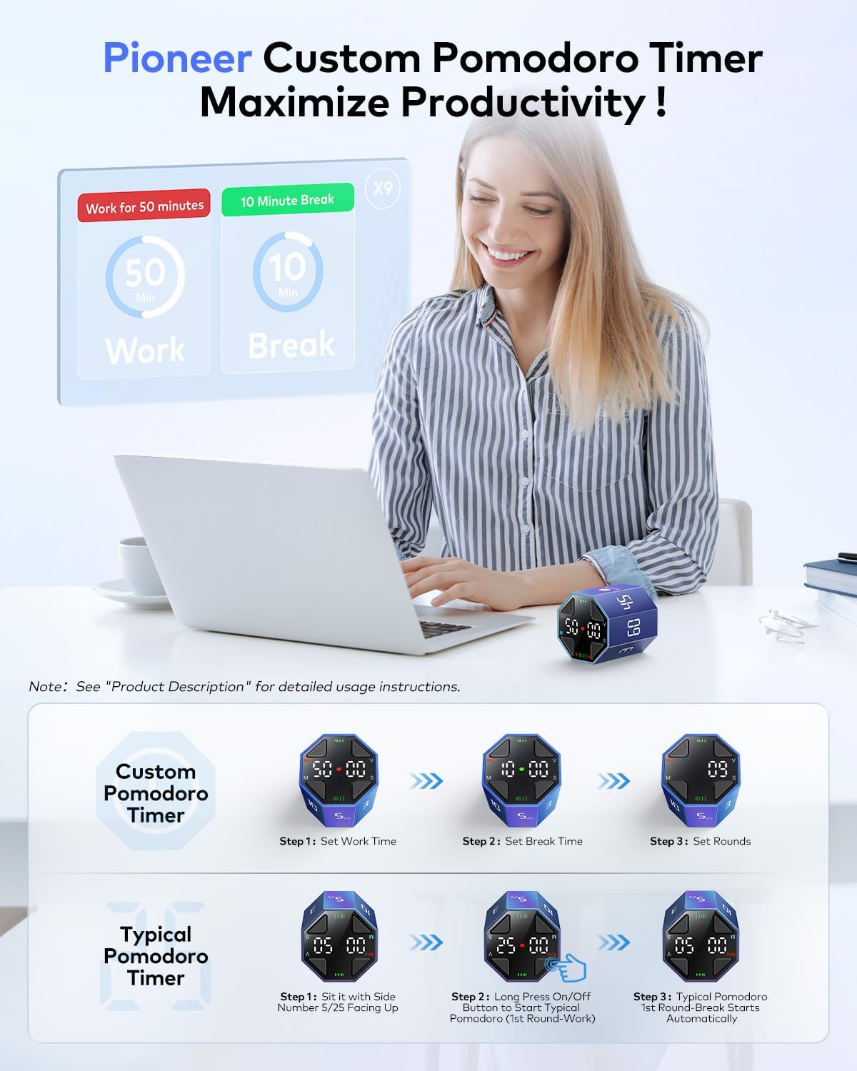 Ticktime Pomodoro Timer Cube, Custom Pomodoro, Pause & Resume, Silent, Vibrate & Adjustable Sound Alert, for ADHD, Task, Work, Study, 3/5/10/15/30/45/60min & Custom Countdown, Blue