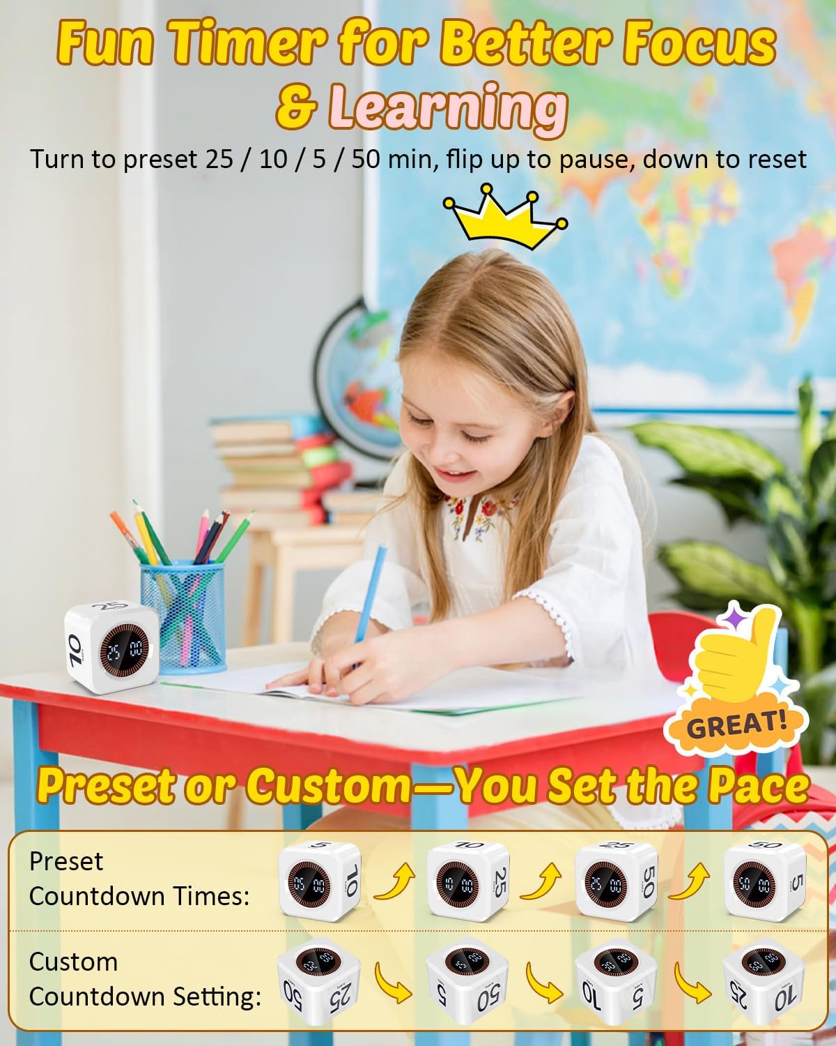 Digital Pomodoro Timer Cube 5/10/25/50min, Visual Productivity Flip Timer for Kids Classroom Desk, Custom Countdown, Silent and Sound Mode for ADHD Study Work Game Kitchen (Pink)