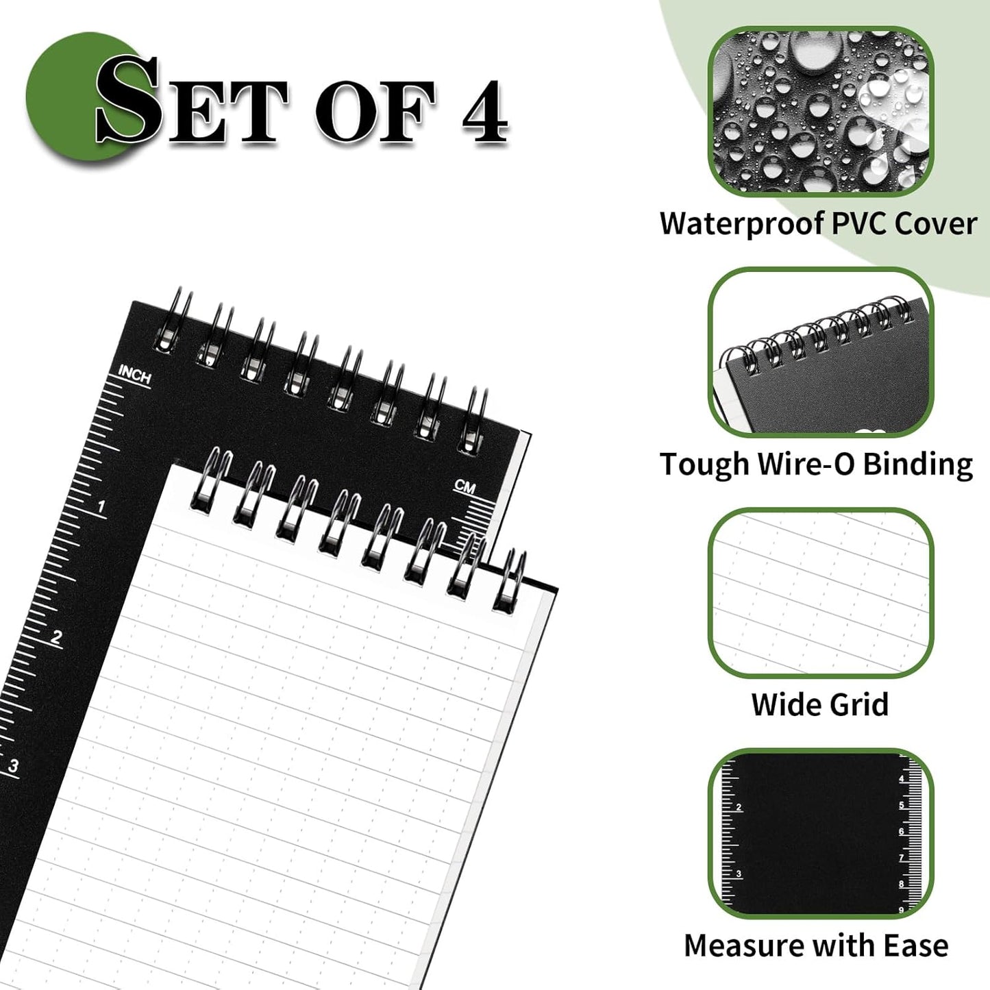 COIDEA Waterproof Notebook, 4 Pack Top-Spiral Pocket Notepad, 3" x 5" Weatherproof NotePad, All Weather Police Pocket Notebook Little Memo Steno Note Pads for Outdoor Office School Recording, Black