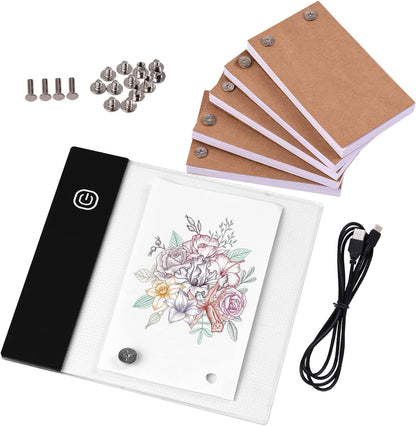Flip Book Kit with Mini Light Pad LED Lightbox Tablet Design with Hole 300 Sheets Flipbook Paper Bg Screws for Ding Tracing Animation Sketching Cartoon Creation