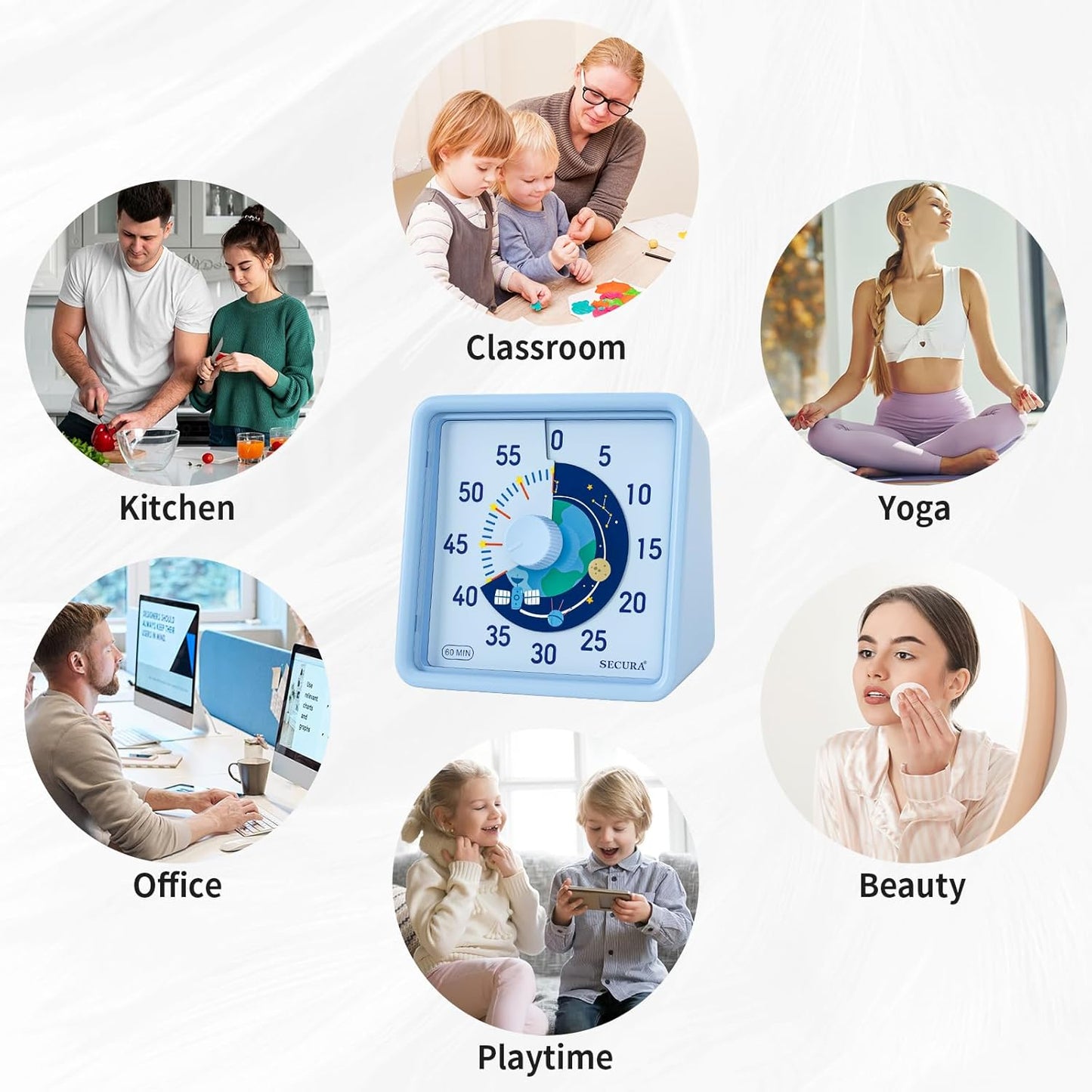 Secura 60-Minute Visual Timer for Kids, Time Clocks, Countdown Timer for Office Kitchen, Classroom Timer for Kids, Silent Time Management Tool (Navy Blue & Navy Blue)