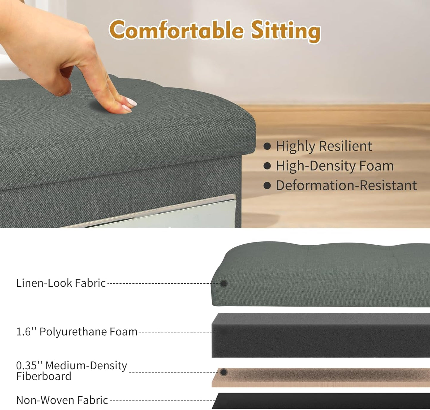 Storage Ottoman with Extra Thick Foam Padded Seat, Foldable Foot Rest Stool with Linen Fabric, 43L Ottoman with Storage Bench for Bedroom Living Room, Holds Up to 300lbs, 17x13x13in, Dark Gray