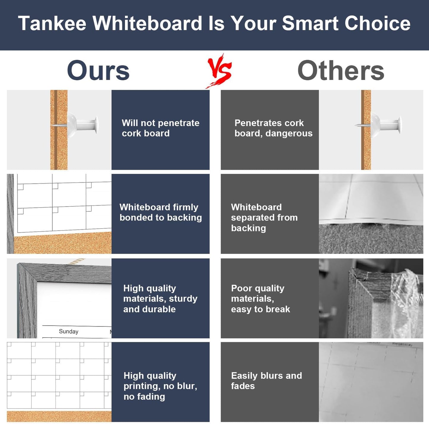 Calendar Whiteboard for Wall, TANKEE 17x13 Inches Whiteboard Calendar Cork Board Combo, Small Magnetic White Board with Wood Framed, Hanging Dry Erase Board for Kitchen Home Office School Planner