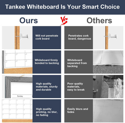 Calendar Whiteboard for Wall, TANKEE 17x13 Inches Whiteboard Calendar Cork Board Combo, Small Magnetic White Board with Wood Framed, Hanging Dry Erase Board for Kitchen Home Office School Planner
