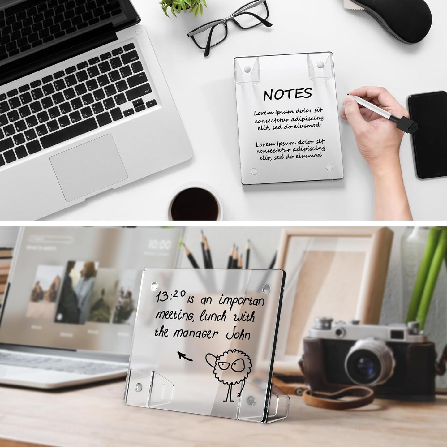 Clear Acrylic White Board 8x6 Inches, Frameless Desktop Dry Erase Board with Flexible Magnetic Stand and Markers, Mini Whiteboard Desk Accessories for Women, Home, Office, School
