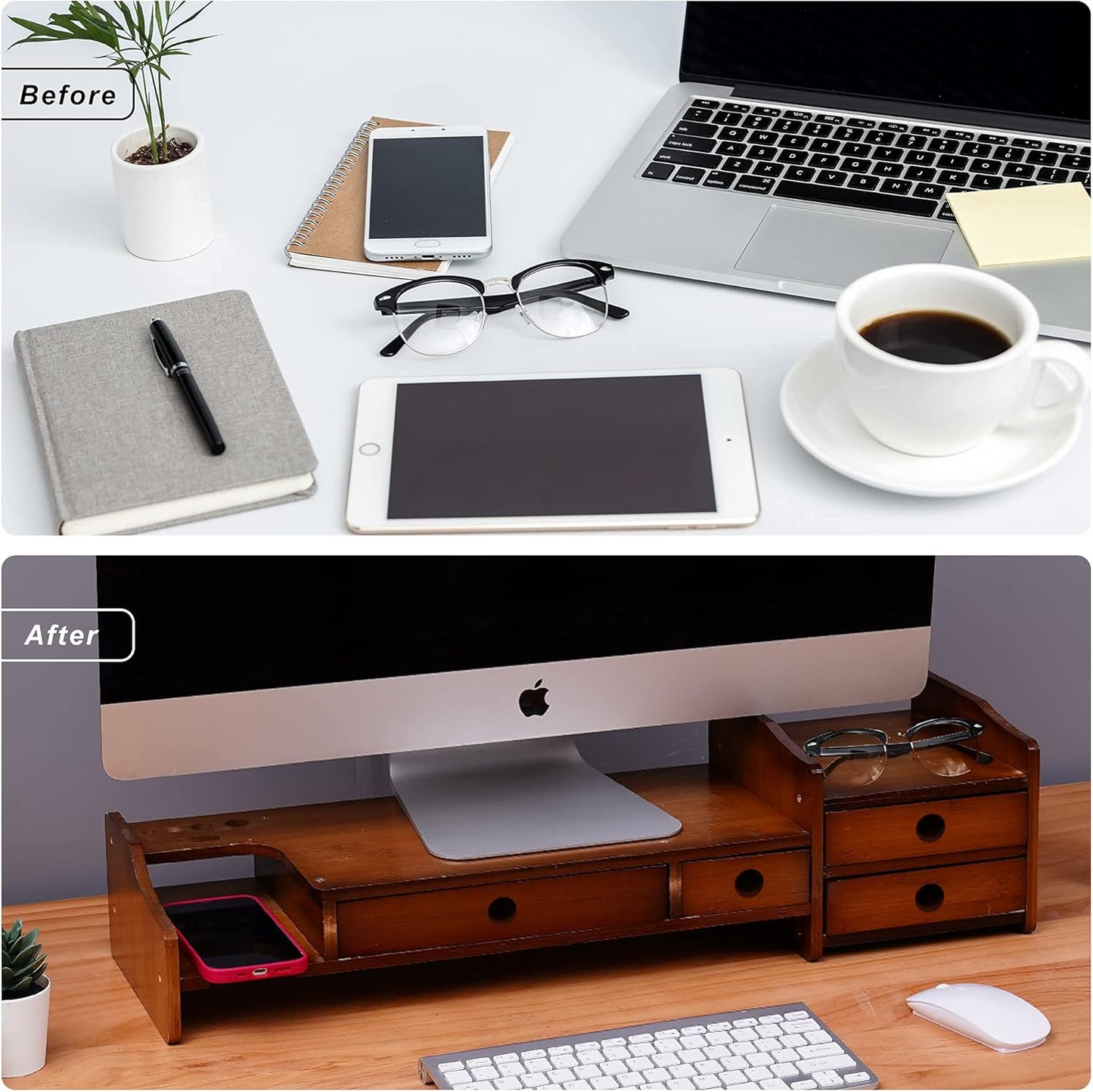 Sundale Outdoor WAYTRIM Bamboo Wood Monitor Stand Ergonomic Computer Riser with Storage Organizer Drawers Desktop Laptop Shelf Risers Cellphone Stand for Home and Office Use, Classic Antique Brown