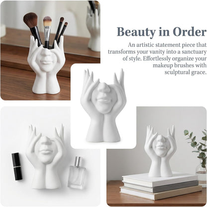 Pen Holder for Desk, Creative Face-Holding Art Sculpture Multi-Functional Organizer, Home Decor Figurine & Artificial Flower Vase Base, Desk Makeup Brush Holder, Unique Gift