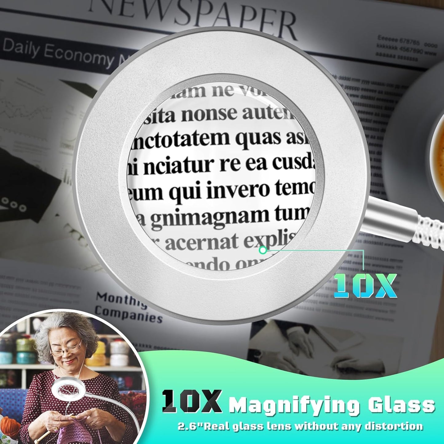 10X Magnifying Glass with Light, Clip on Mganifier with Light, 48 LED Desk Magnifying Glass wtih Clamp, 3 Modes Dimmable Magnifying LED Lamps for Bed Work Crafts DIY Repair