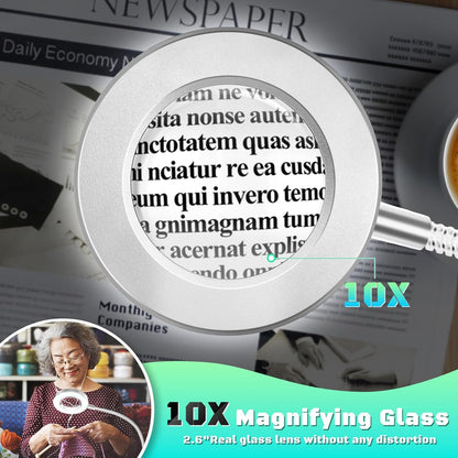 10X Magnifying Glass with Light, Clip on Mganifier with Light, 48 LED Desk Magnifying Glass wtih Clamp, 3 Modes Dimmable Magnifying LED Lamps for Bed Work Crafts DIY Repair
