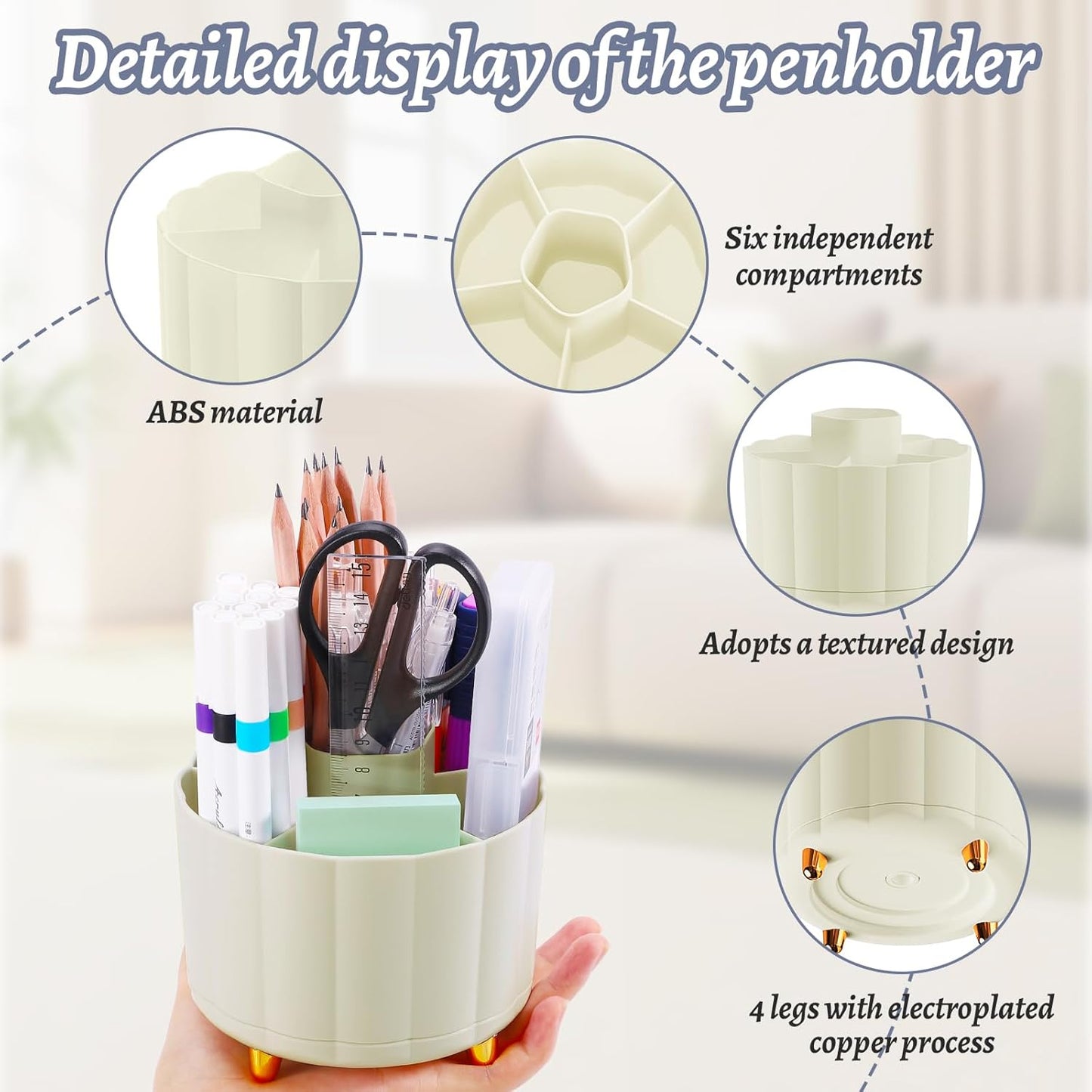360 Rotating Pencil Pen Holder for Desk, White Pen Organizer with 6 Slots, Cute Office Supplies, Desk Accessories for Office, School, Home