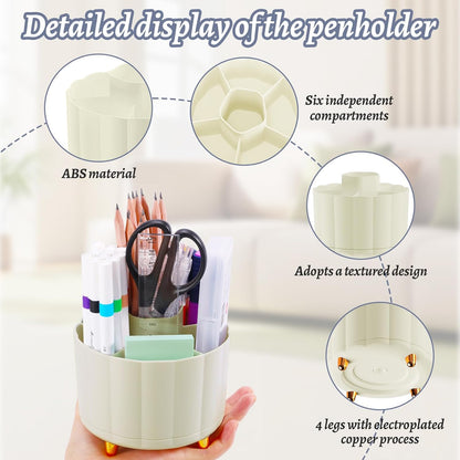 360 Rotating Pencil Pen Holder for Desk, White Pen Organizer with 6 Slots, Cute Office Supplies, Desk Accessories for Office, School, Home