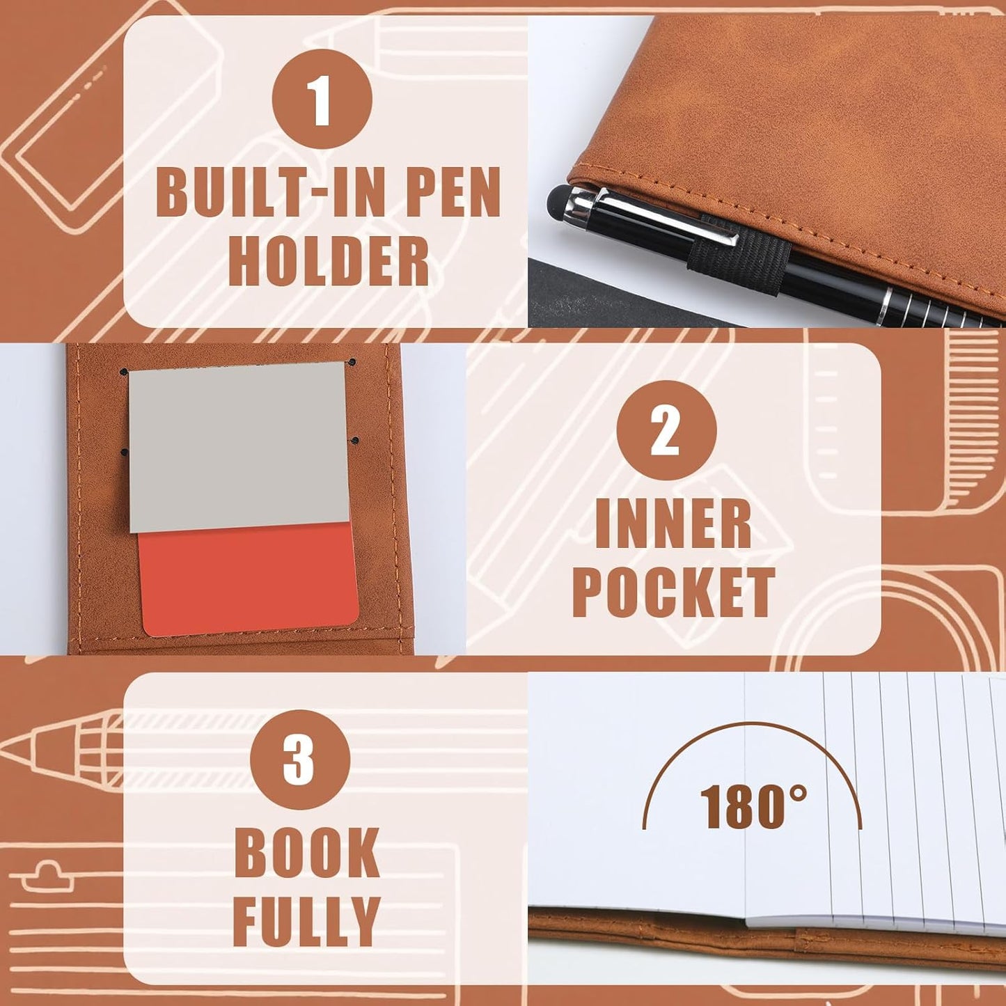 Outus 10 Pcs Mini Pocket Notepad Holder Set Included Small Leather Pocket Notebook Holder with 50 Lined Sheets, Metal Pen, 8 Pcs 3 x 5 Inch Memo Book Refills, 30 Lined Paper Per Note Pad (Black)