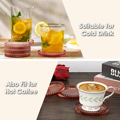 Modern Clear Coasters Set of 5- Glass Cute Coasters for Drinks Crystal Coaster Round Chic Cup Mat Cute Coffee Table Coaster for Kitchen, Bar, Dining Room, Living Room, Patio(Amber)
