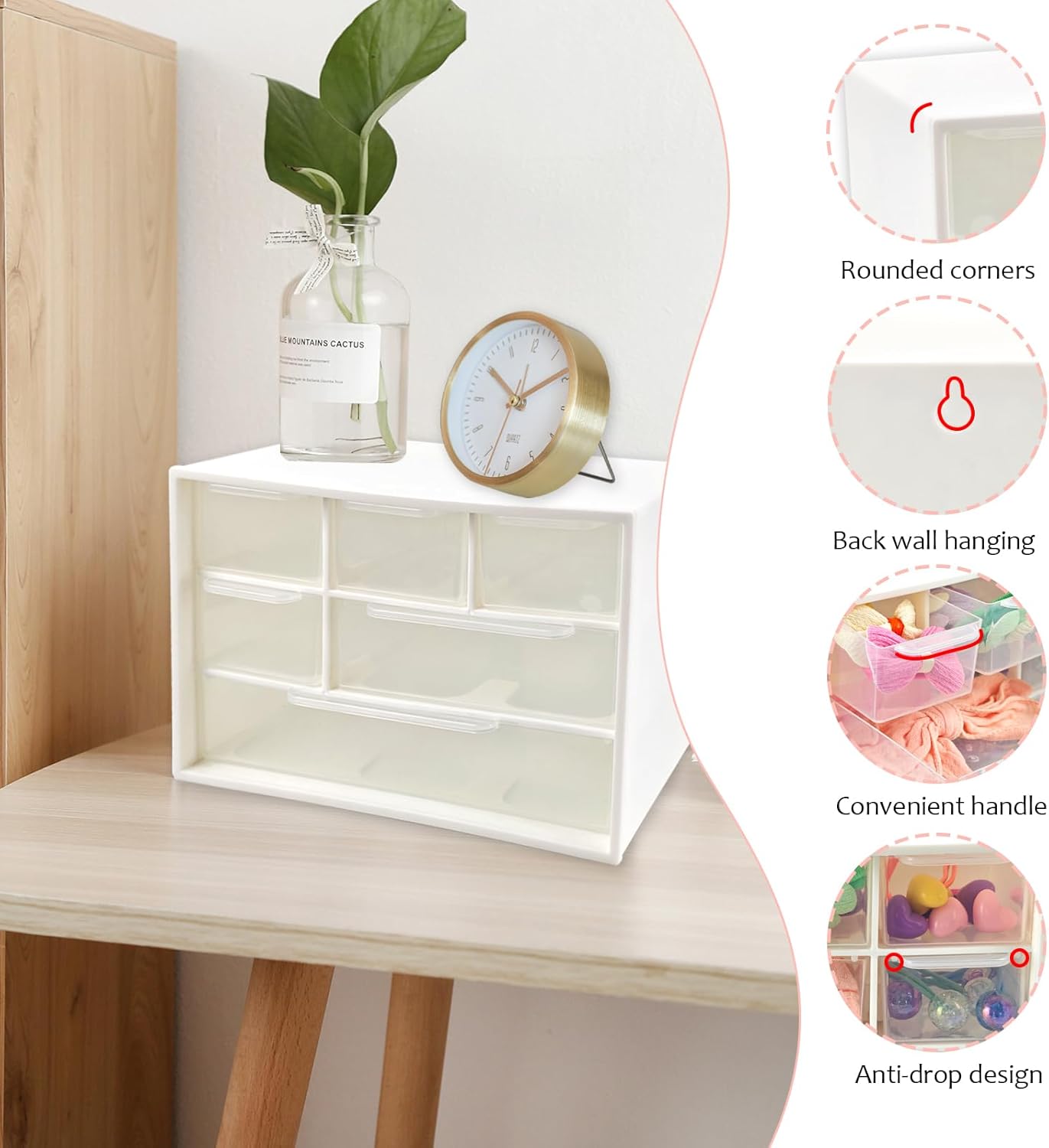 Mini Desk Drawer Organizer with 6 Clear Drawers - 7" x 3.9" x 4.7" Small Plastic Storage Box for Office, Classroom, Crafts, and Home Desktop Organization