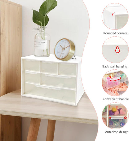 Mini Desk Drawer Organizer with 6 Clear Drawers - 7" x 3.9" x 4.7" Small Plastic Storage Box for Office, Classroom, Crafts, and Home Desktop Organization