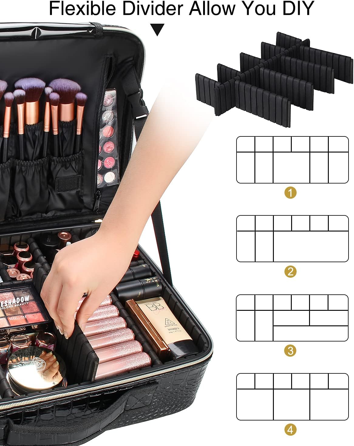 Relavel Makeup Case Large Makeup Bag Professional Train Case 16.5 inches Travel Cosmetic Organizer Brush Holder Waterproof Makeup Artist Storage Box, 3 Layer Large Capacity, with Adjustable Strap