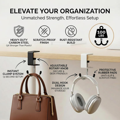 4 Pack Adjustable Under Desk Hooks (2 Black & 2 White), Universal Bag Hanger Fits Most Table Thickness, 100LB Capacity Heavy-Duty Dual Hook for Purse, Backpack, Office Home