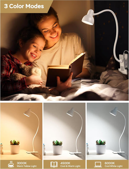 LiFMIRA Clip-on Reading Light - 3 Color Modes, 10 Dimmable Brightness, Eye Care Clamp Desk Lamp with Flexible Gooseneck for Reading in Bed, Desk, Headboard, Computer