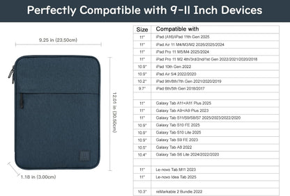 Dadanism 9-11 Inch Tablet Sleeve Padded Carrying Case for iPad (A16) 11th Gen 11", iPad 10th Gen 10.9", iPad Air M4/Pro M5 11", iPad Air 5/4, iPad 9/8/7th Gen, Galaxy Tab A11+ Plus 11", Blue
