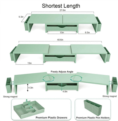 gianotter Dual Monitor Stand Riser, Desk Organizer With Drawer and 2 Pen Holders,Computer Monitor Stand, Desk Shelf for Top of Desk, Wood