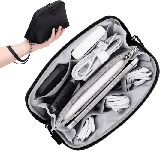 FYY Travel Cable Organizer - 8 Compartments Lightweight Water Resistant Tech Pouch with Wrist Strap Portable Electronic Accessories Case for Cord Charger Storage for Travel Home Office Black (Medium)