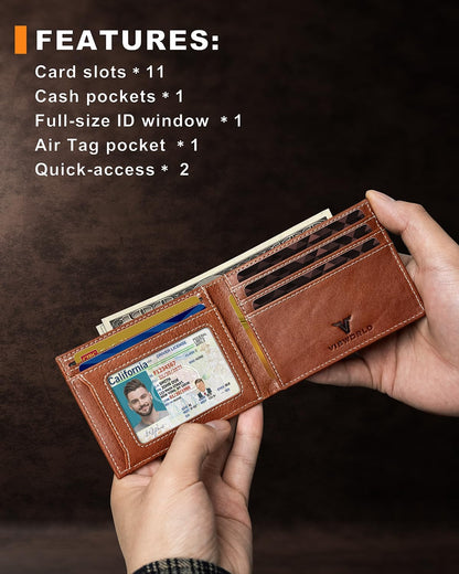 Men's Wallet with Airtag Holder, Bifold Full-Grain Leather Wallet for Apple Air Tag (1st & 2nd Generation), Slim Wallet for Men with RFID Blocking, 11 Card Slots