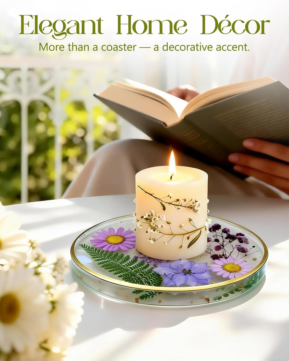 Oqplog Resin Drink Coaster for Desk Coffee Table-White Cute Dried Flowers Cup Coaster for Work Office Home Outdoor Decor Gifts for Girls Women,1 Pcs
