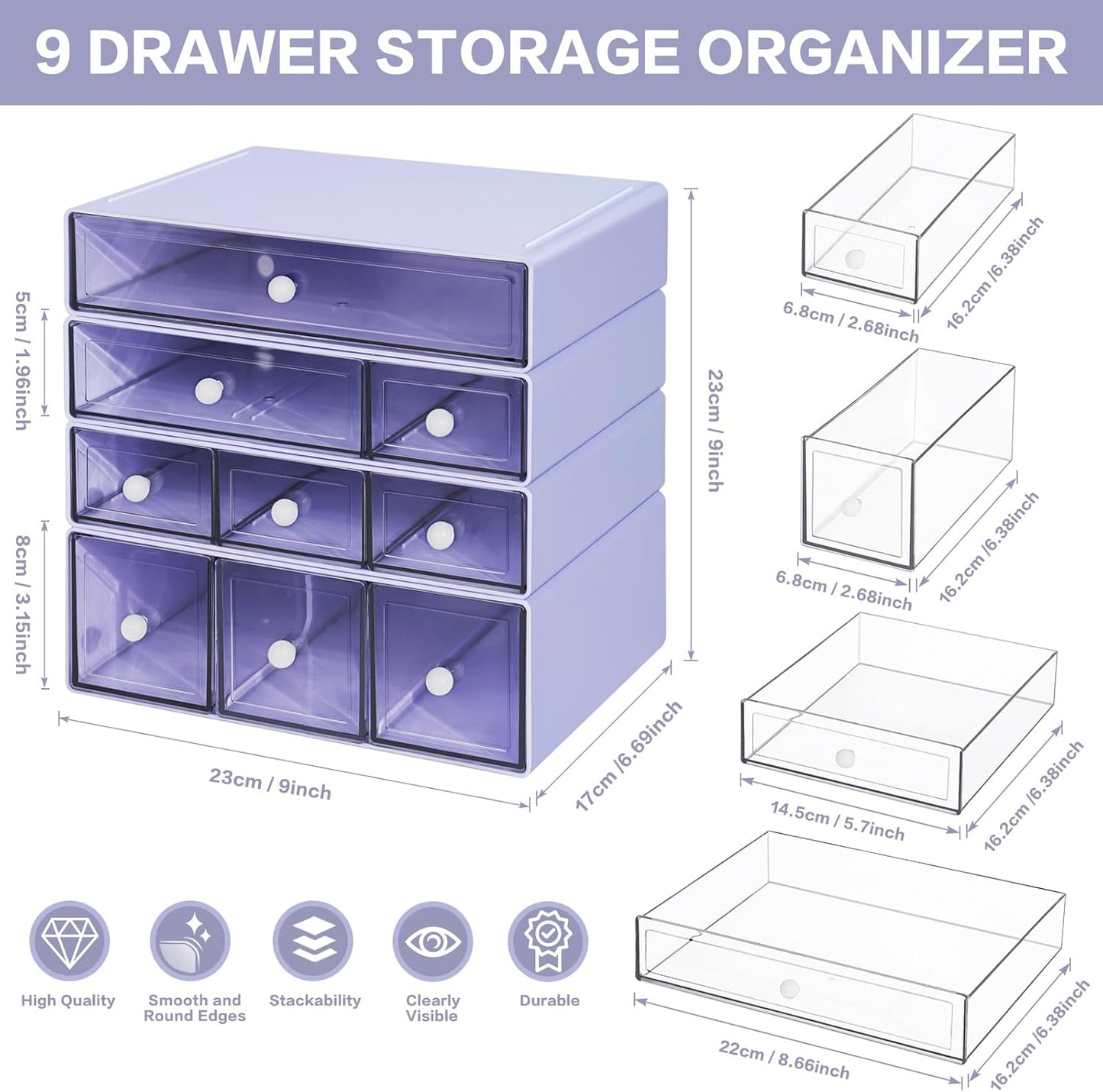 Desk Storage Organizer with 9 Drawers, 4 Tiers Stackable Desktop Craft Storage Drawers, Clear Storage Box Caddy for Stationary Makeup Jewelry Office Craft Supplies (Green)