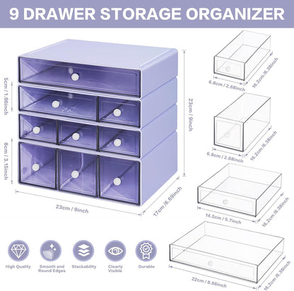 Desk Storage Organizer with 9 Drawers, 4 Tiers Stackable Desktop Craft Storage Drawers, Clear Storage Box Caddy for Stationary Makeup Jewelry Office Craft Supplies (Green)