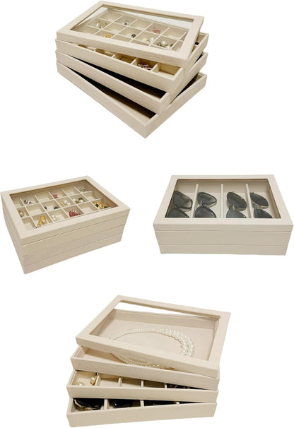 Velvet Sunglasses Organizer Tray 4 Slot, Stackable Eyewear & Glasses Display Case, Premium Beige Velvet, Scratch-Free Lining, Drawer Insert for Dressing Table Vanity Home Retail Trade Show