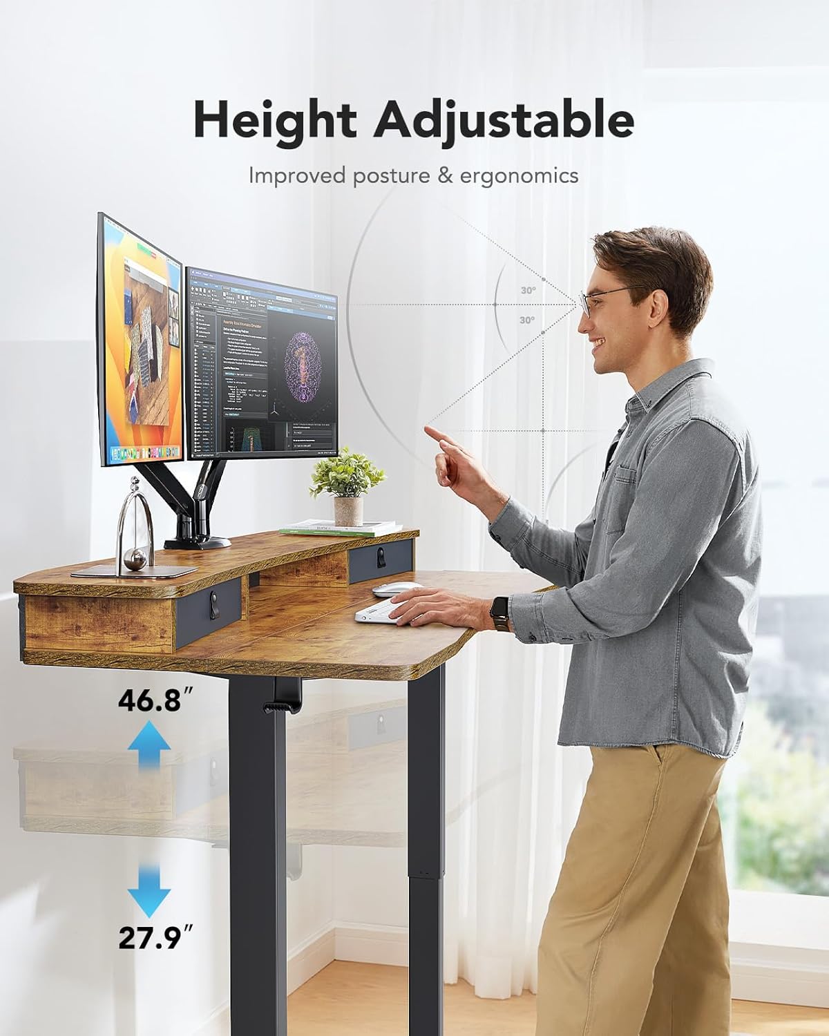 HUANUO 48″ x 24″ Electric Standing Desk with 2 Drawers, C-Clamp Mount Compatible, Height Adjustable Computer Desk, Home Office Stand Up Desk with 4 Preset Heights & 2 Hooks, Black