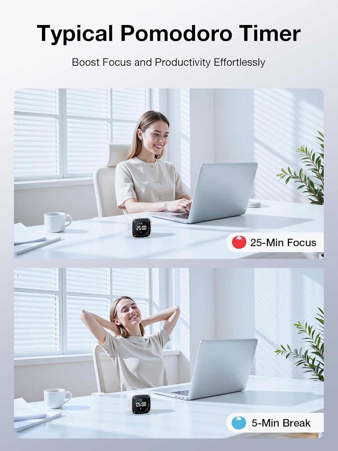 Ticktime TK3 Pomodoro Timer Cube, Productivity Timer, 5/10/30/60 Min Presets, Custom Countdown, Stopwatch & Clock, Triple Alarms, Silent/Vibration/Sound Alerts, Rechargeable for ADHD Study Task, Black