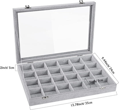 Emibele Glasses Organizer Jewelry Tray, 8 Grids with Clear Lid Velvet Tray Watch Storage Stackable Jewelry Showcase Display Storage with Detachable Inner Dividers, Beige
