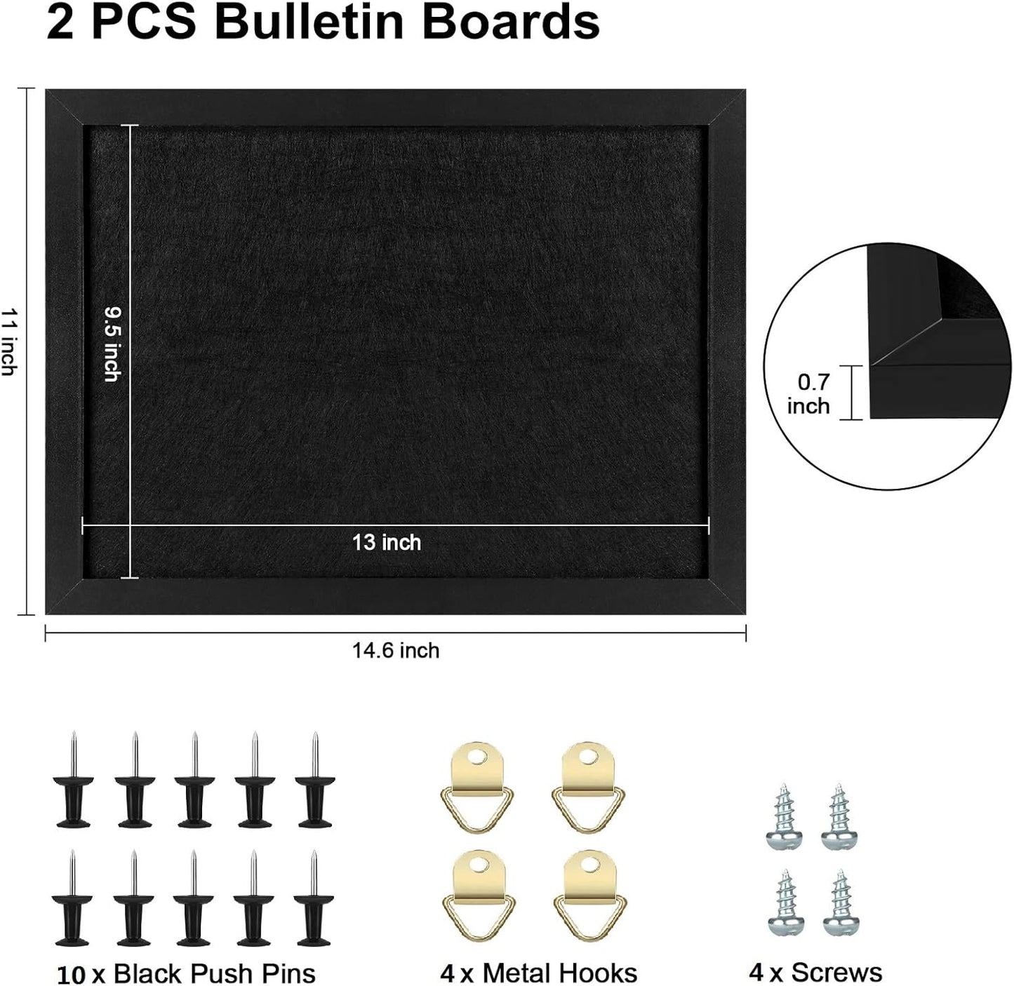 TORASO Cork Board Bulletin Board with Felt,Wood Framed Display Bulletin Board for Walls with Pins, Eye Bolts, gaskets, Screws, Pin Board for Office, School and Home(Black,1pc)