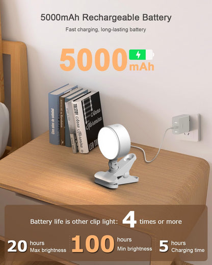 Clip on Light with 5000mAh Rechargeable Battery Operated, Eye Care Reading Light for Bed with 360° Rotation Touch & Remote, USB Clamp Light with 3 Color Modes & Dimmable for Headboard Bedside (white)