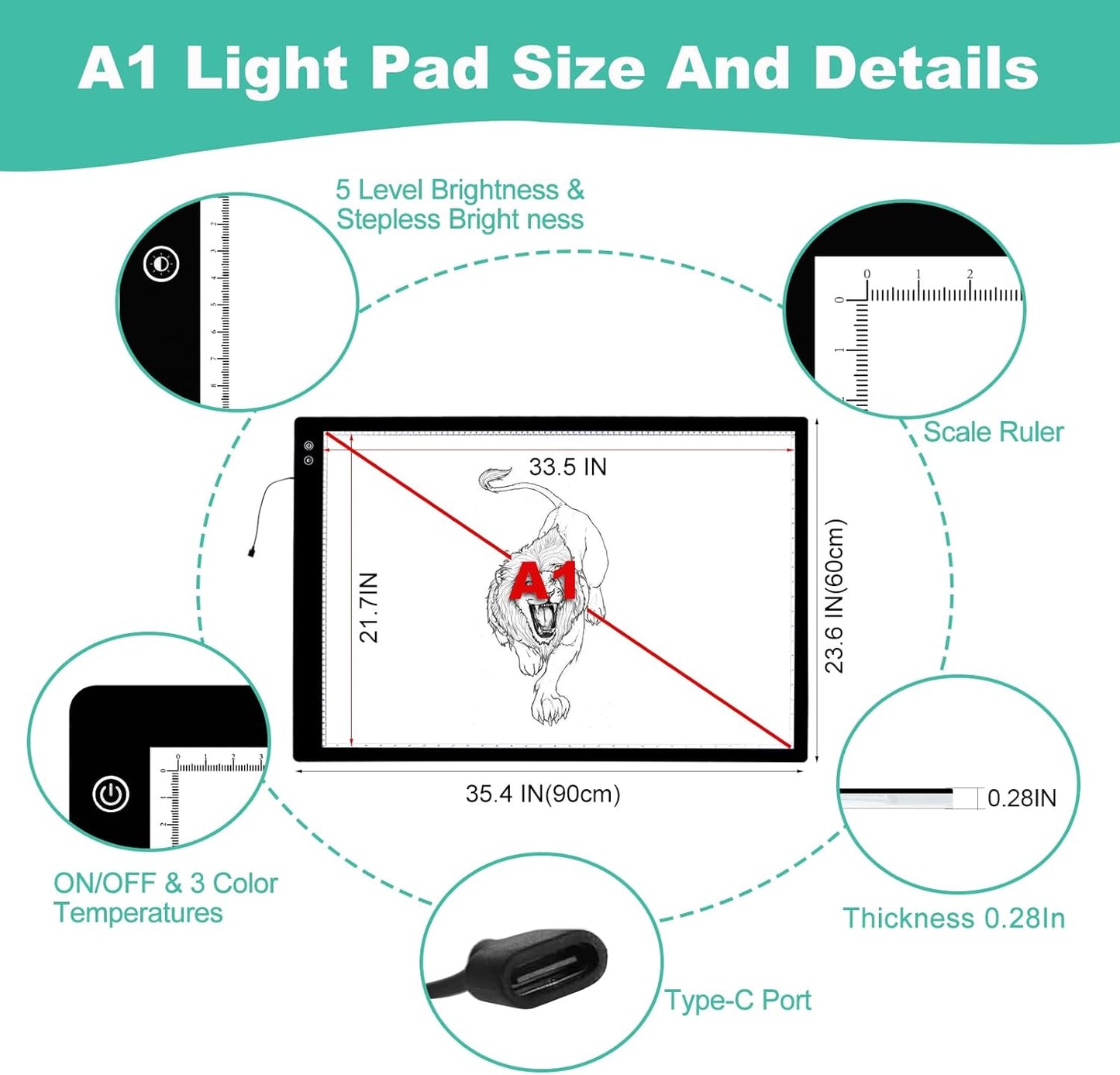 Rechargeable A4 Light Pad - Stepless Dimmable 6 Levels Brightness Tracing Light Box, Diamond Painting Light Board with Top Clip, Battery Powered Portable Light Pad for Weeding Vinyl Tracing
