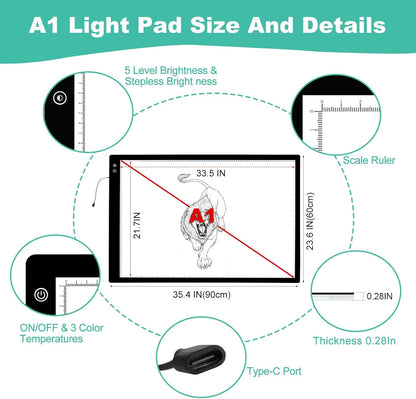 Rechargeable A4 Light Pad - Stepless Dimmable 6 Levels Brightness Tracing Light Box, Diamond Painting Light Board with Top Clip, Battery Powered Portable Light Pad for Weeding Vinyl Tracing