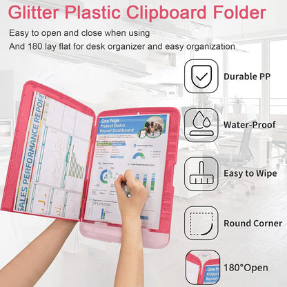 Glitter Clipboard with Storage,Storage Clipboard with Pen Holder,A4 Binder Clip Boards 8.5x11 with Low Profile Clip,Side Opening Sparkle Clipboards, Clipboards Folder for Office Supplies-Starry Black