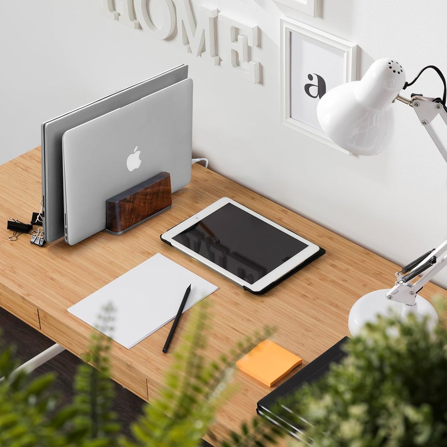 GEVO Vertical Laptop Stand for Desk - Laptop Holder for MacBook and Other Laptops - Wooden Office Desk Accessories