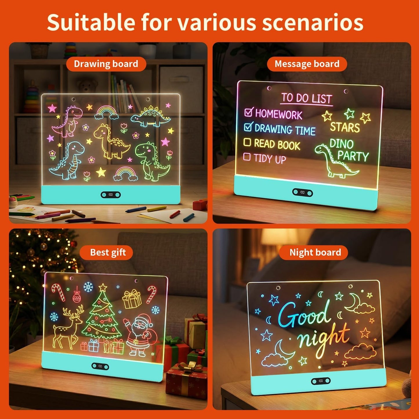 Rechargeable LED Drawing Board for Kids, 16" Light Up Acrylic Dry Erase Led Note Board with Stand, 11 Light Effects Drawing Tablet, Birthday Holiday Toy Gifts for Kids, 12 Markers (White)