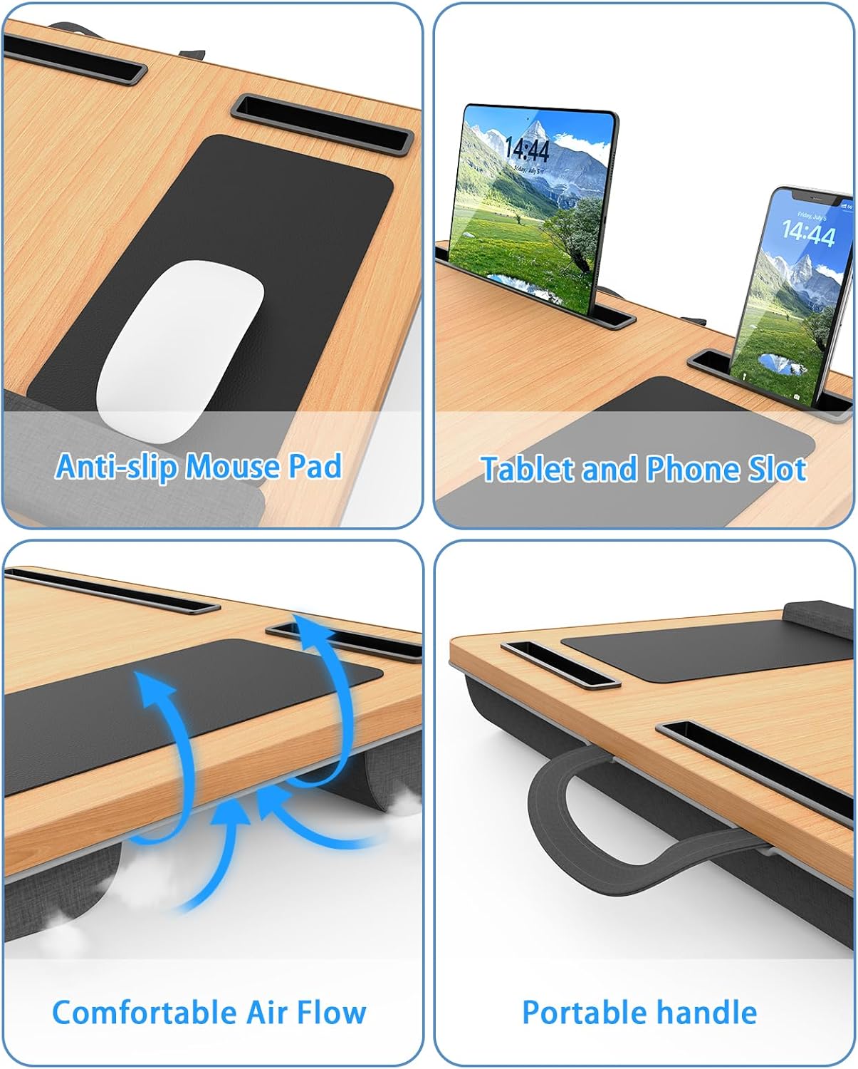 HETTHI Laptop Lap Desk, Portable Large Laptop Desk for Bed, Up to 17 Inch Lap Pad Tray with Wrist Rest, Mouse Pad, Tablet Phone Slot, Portable Handle, Cushion (Black)