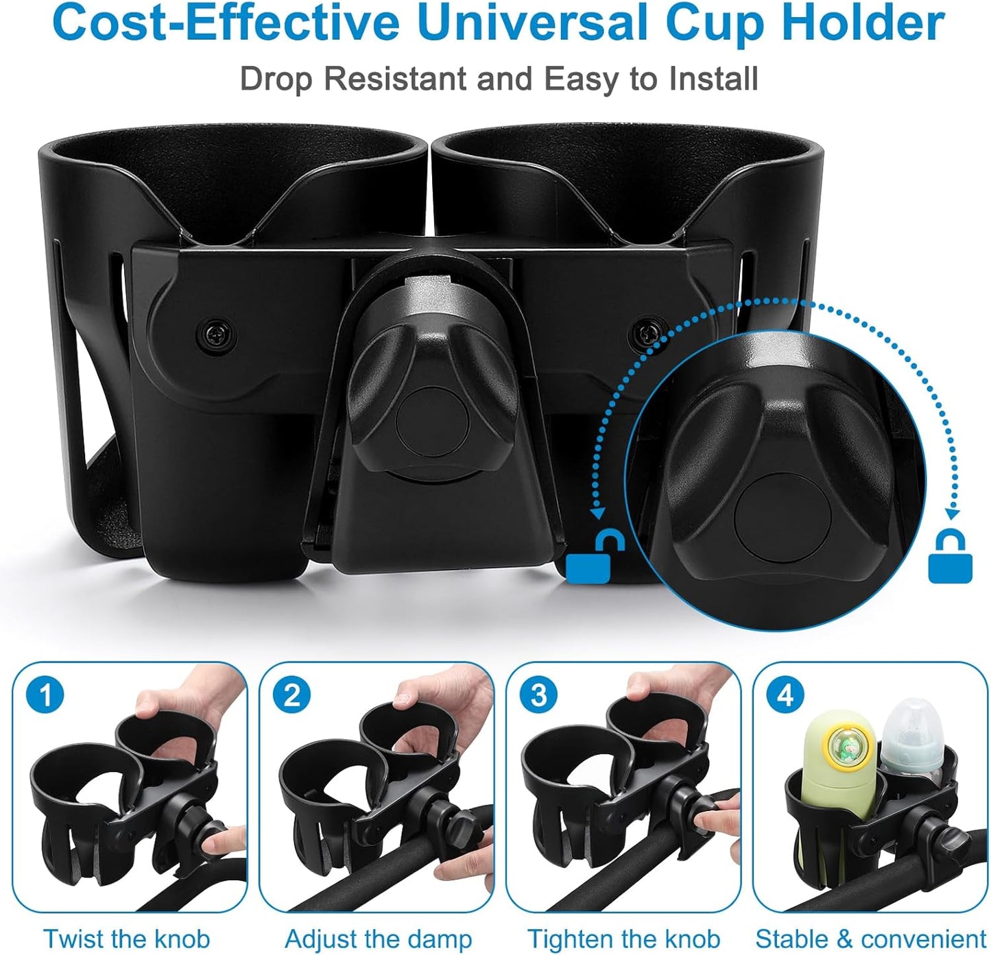 Accmor Stroller Cup Holder, Universal Cup Holder for Stroller Walker Bike, 360° Rotatable Large Caliber Designed Bottle Holder for Stroller, Bike, Wheelchair, Scooter