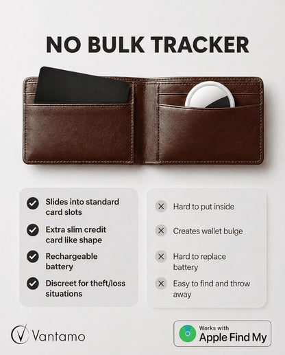 Vantamo Ultra-Thin Wallet Tracker Card, Apple MFi Certified, IP68 Waterproof Bluetooth Smart Card Wallet Tracker & Passport, Works with Apple Find My, Wireless Charging, iOS Only