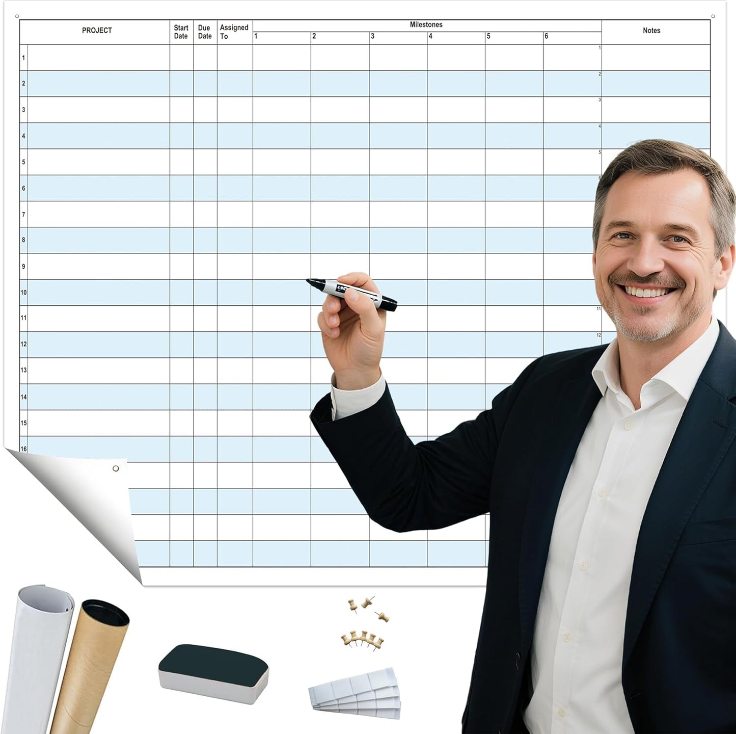 Large Dry Erase Project Planner for Tracking Milestones, 24x36 Inch Erasable Project White Board for Wall, Reusable Visual Milestone Tracker Poster Planning Status & Progress of Projects
